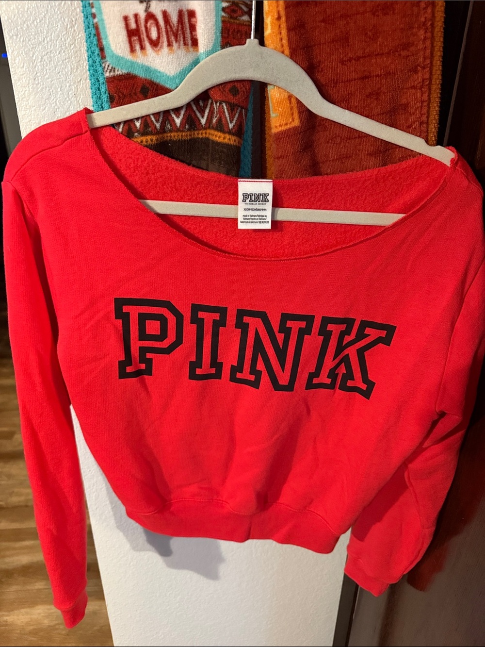 PINK Victoria's Secret Red Cropped Sweatshirt with Black Lettering